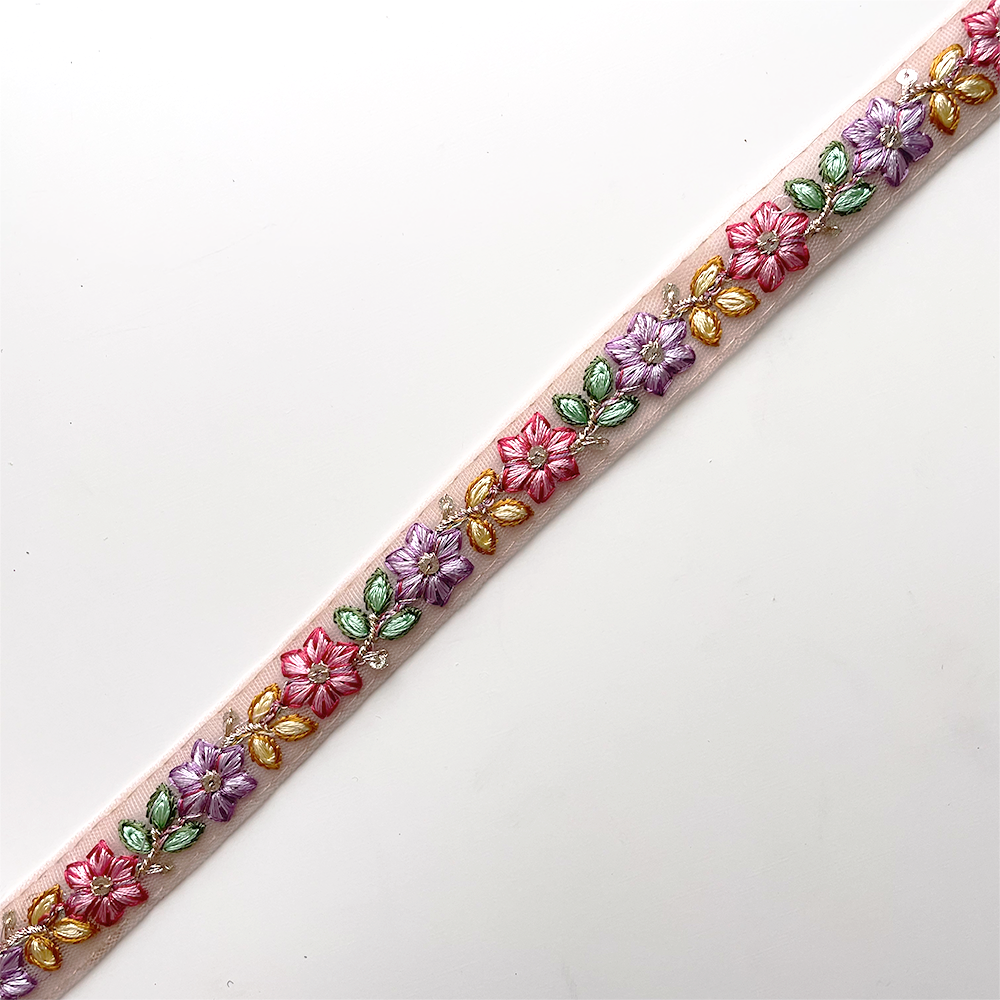 865 【 幅：1.5cm 】 インド刺繍リボン　ピンク　チュール　パープル　グリーン　イエロー