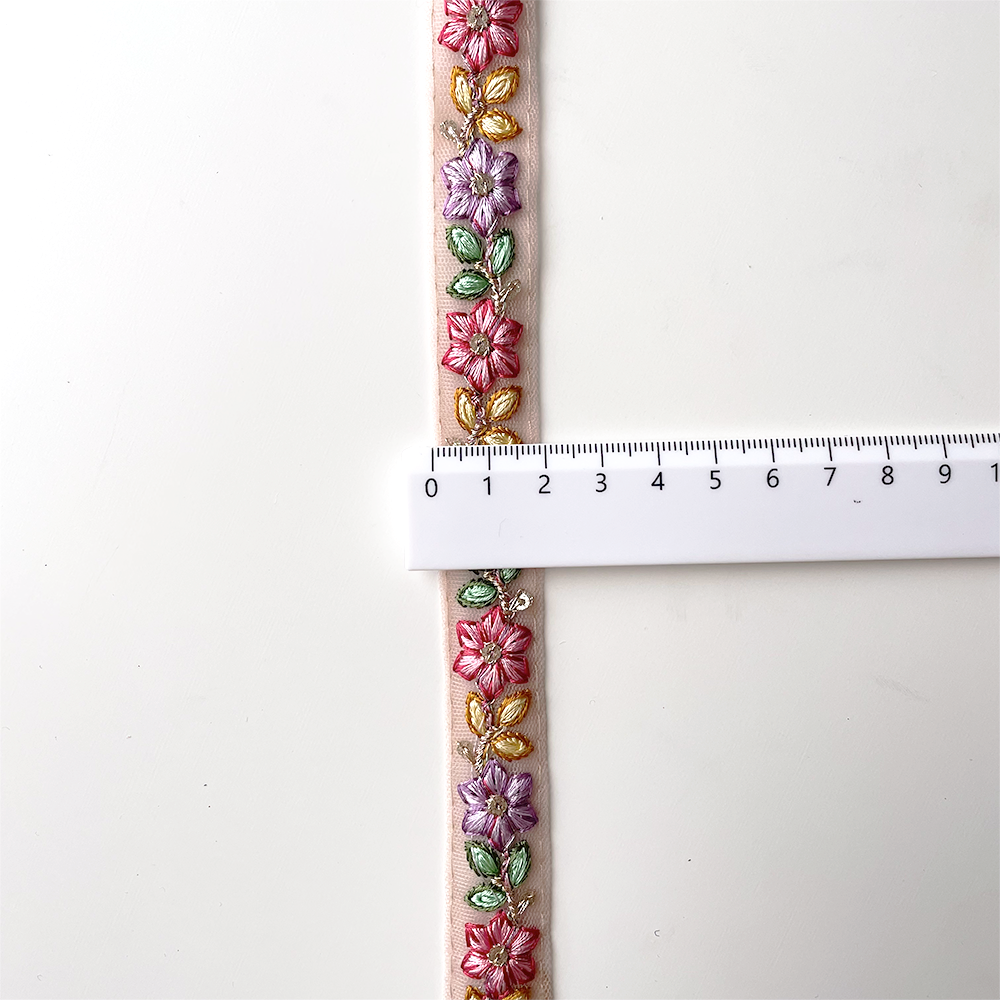 865 【 幅：1.5cm 】 インド刺繍リボン　ピンク　チュール　パープル　グリーン　イエロー