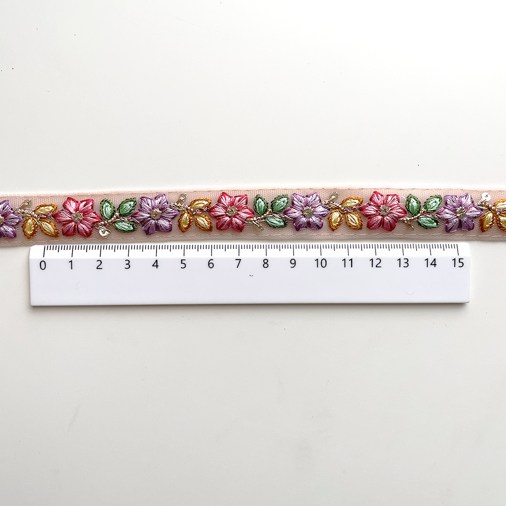 865 【 幅：1.5cm 】 インド刺繍リボン　ピンク　チュール　パープル　グリーン　イエロー