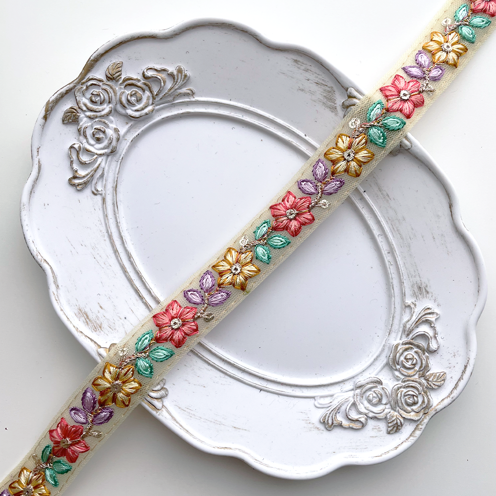 867 【 幅：1.5cm 】 インド刺繍リボン　イエロー　チュール　パープル　レッド　グリーン
