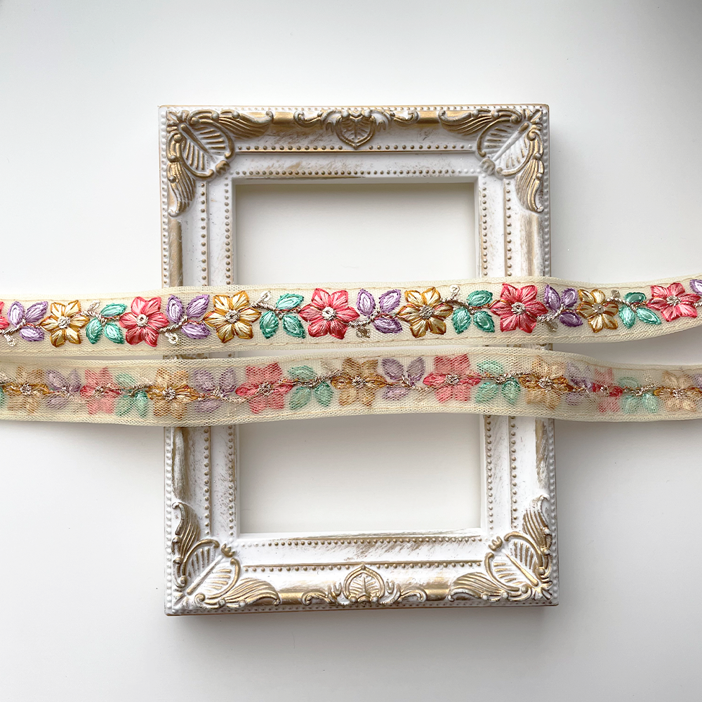 867 【 幅：1.5cm 】 インド刺繍リボン　イエロー　チュール　パープル　レッド　グリーン