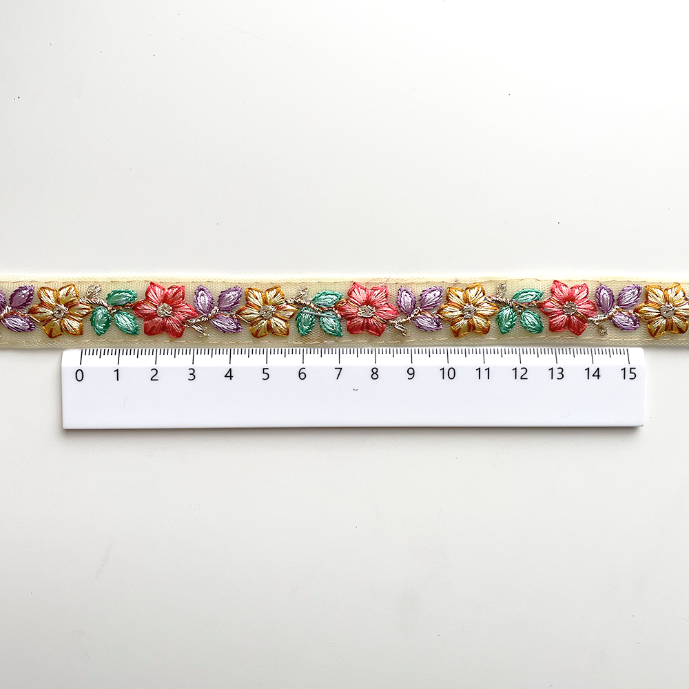 867 【 幅：1.5cm 】 インド刺繍リボン　イエロー　チュール　パープル　レッド　グリーン