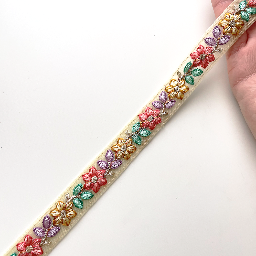 867 【 幅：1.5cm 】 インド刺繍リボン　イエロー　チュール　パープル　レッド　グリーン
