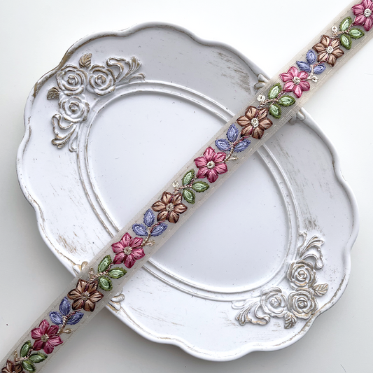 868 【 幅：1.5cm 】 インド刺繍リボン　ベージュ　チュール　パープル　レッド　グリーン