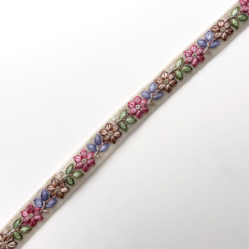 868 【 幅：1.5cm 】 インド刺繍リボン　ベージュ　チュール　パープル　レッド　グリーン