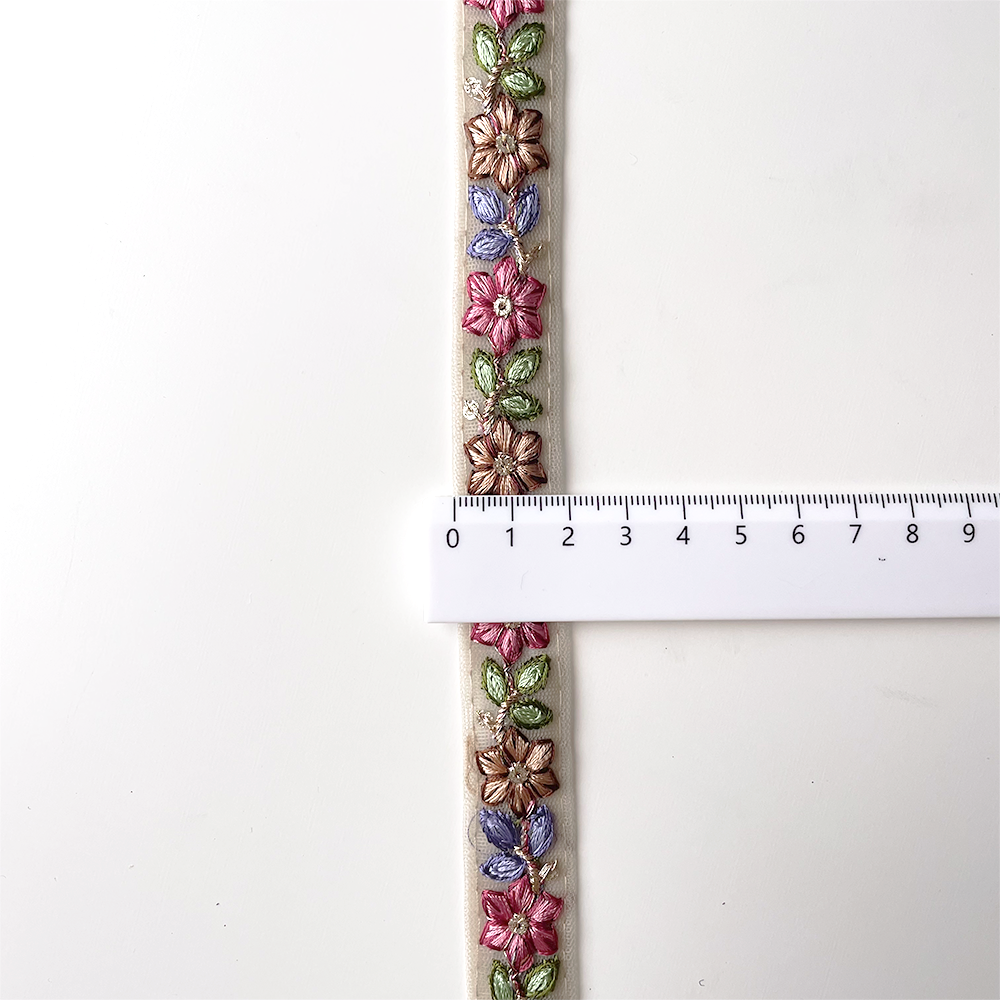 868 【 幅：1.5cm 】 インド刺繍リボン　ベージュ　チュール　パープル　レッド　グリーン