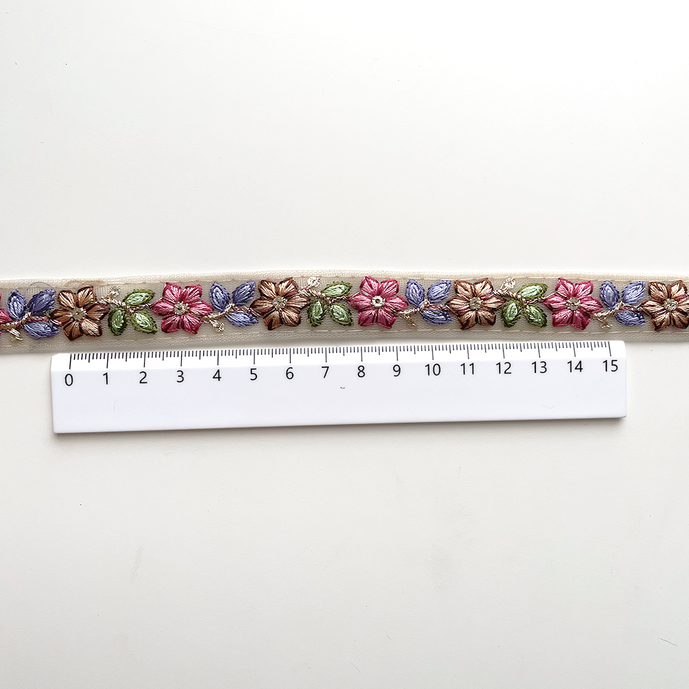 868 【 幅：1.5cm 】 インド刺繍リボン　ベージュ　チュール　パープル　レッド　グリーン