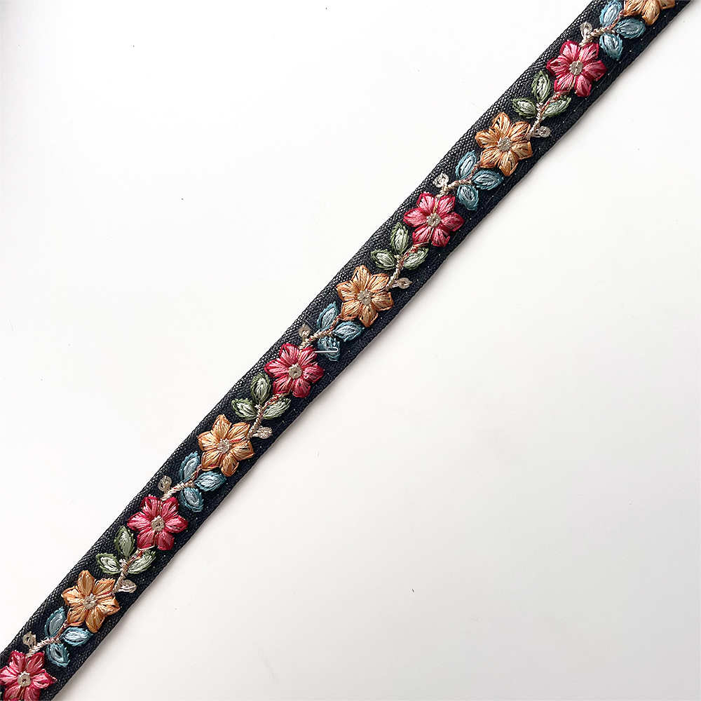 869 【 幅：1.5cm 】 インド刺繍リボン　ブラック　チュール　ブルー　レッド　グリーン