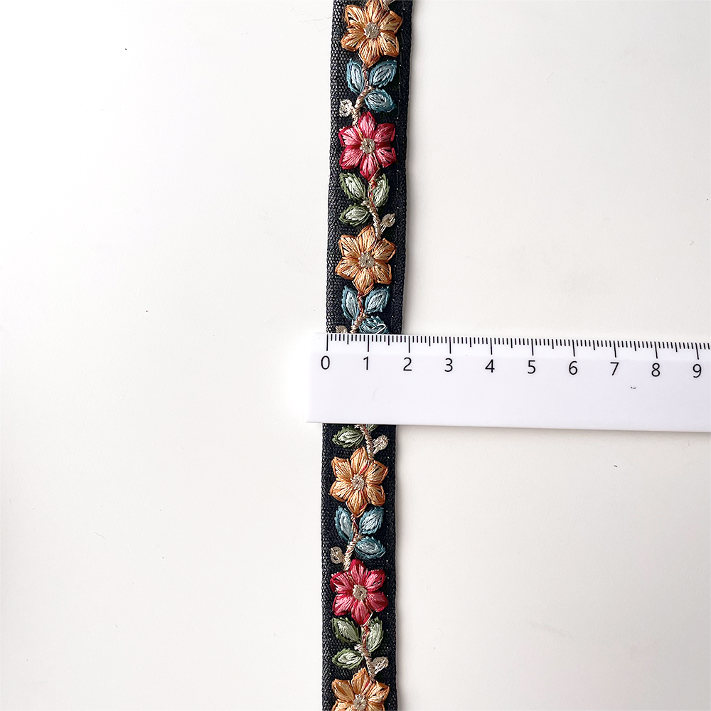869 【 幅：1.5cm 】 インド刺繍リボン　ブラック　チュール　ブルー　レッド　グリーン