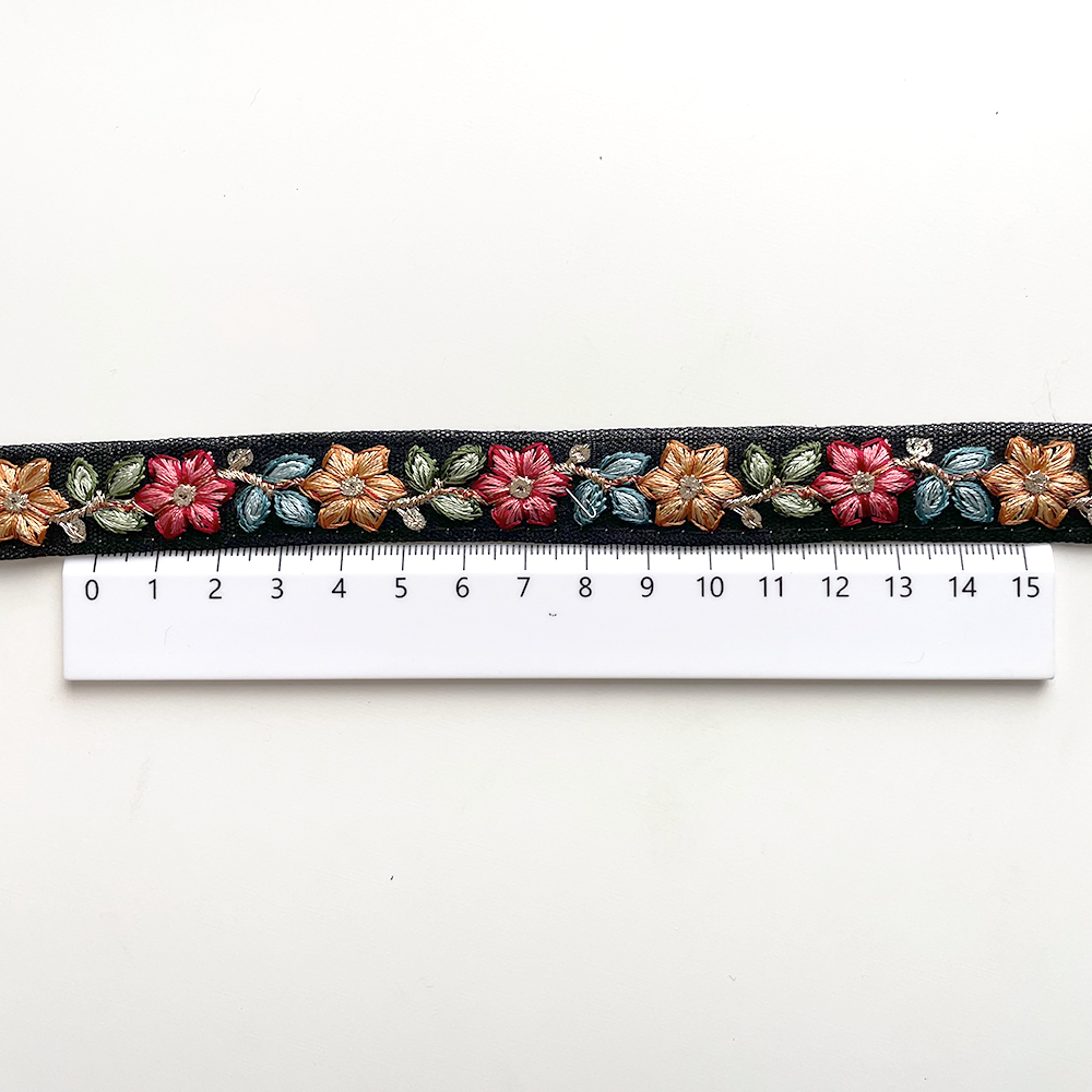869 【 幅：1.5cm 】 インド刺繍リボン　ブラック　チュール　ブルー　レッド　グリーン