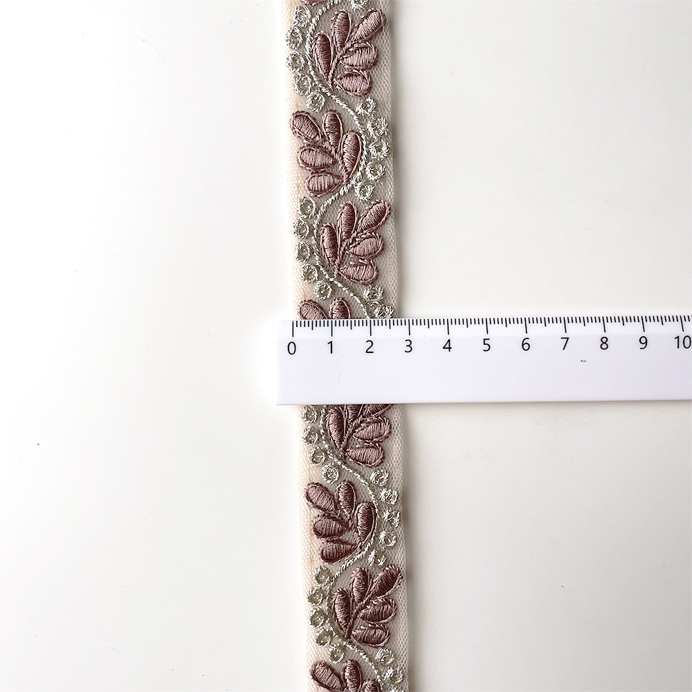 871 【 幅：2.5cm 】 インド刺繍リボン　ブラウン　チュール　ゴールド