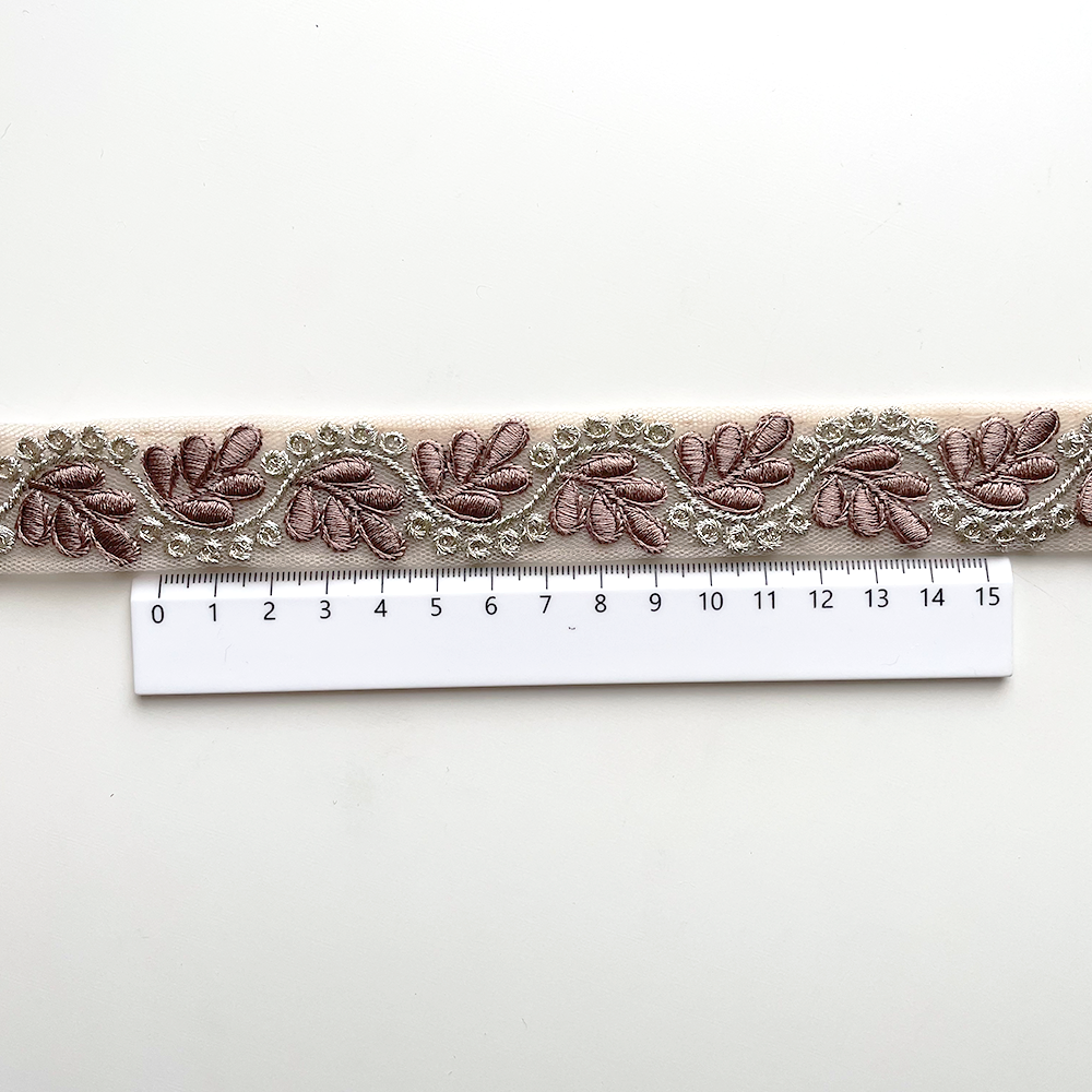 871 【 幅：2.5cm 】 インド刺繍リボン　ブラウン　チュール　ゴールド
