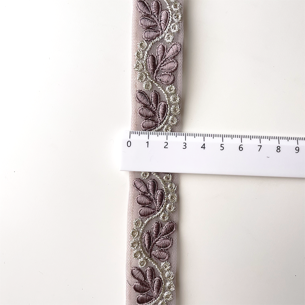 872 【 幅：2.5cm 】 インド刺繍リボン　モカブラウン　チュール　ゴールド