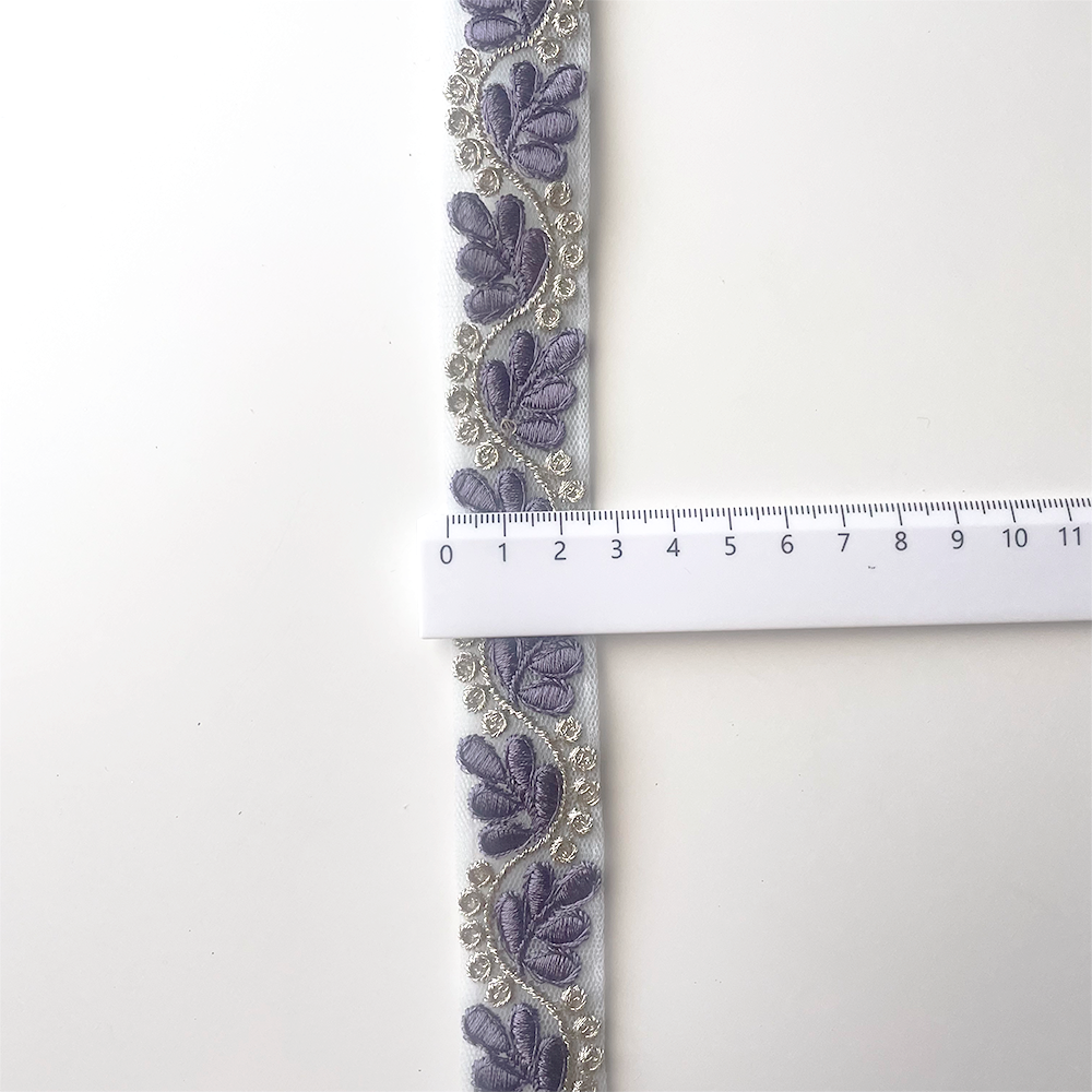 873 【 幅：2.5cm 】 インド刺繍リボン　ベビーブルー　チュール　ゴールド　パープル