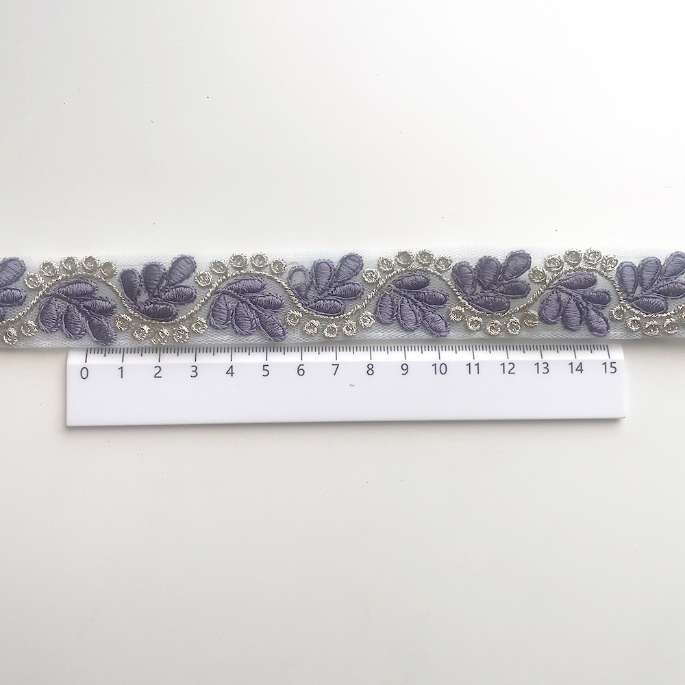 873 【 幅：2.5cm 】 インド刺繍リボン　ベビーブルー　チュール　ゴールド　パープル