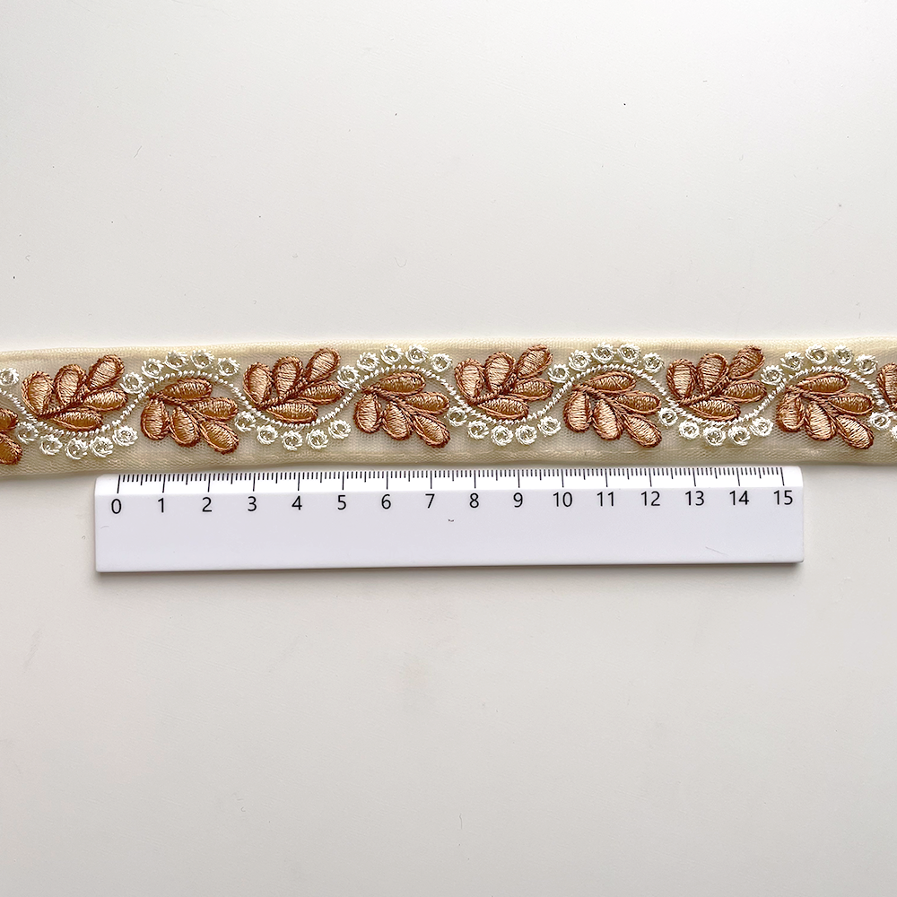 876 【 幅：2.5cm 】 インド刺繍リボン　ベージュ　チュール　