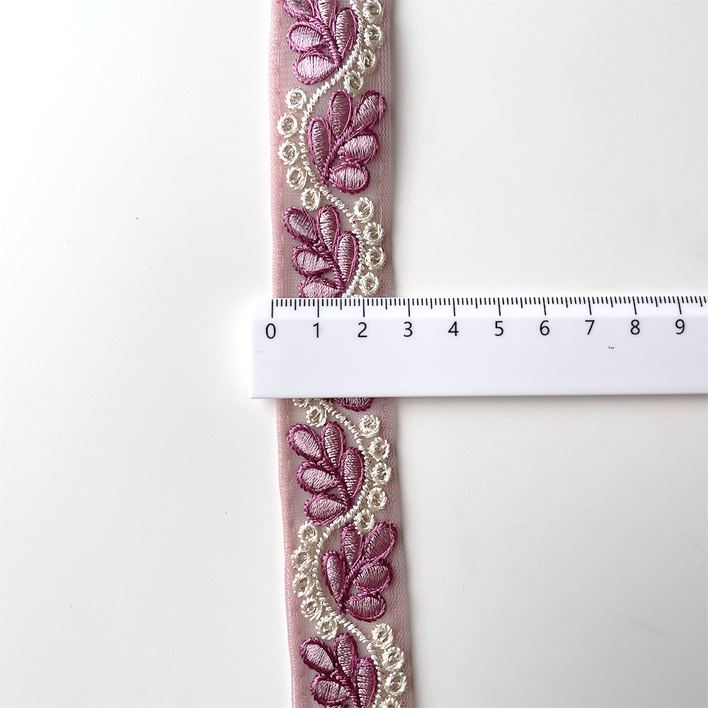 880 【 幅：2.5cm 】 インド刺繍リボン　ローズ　チュール　