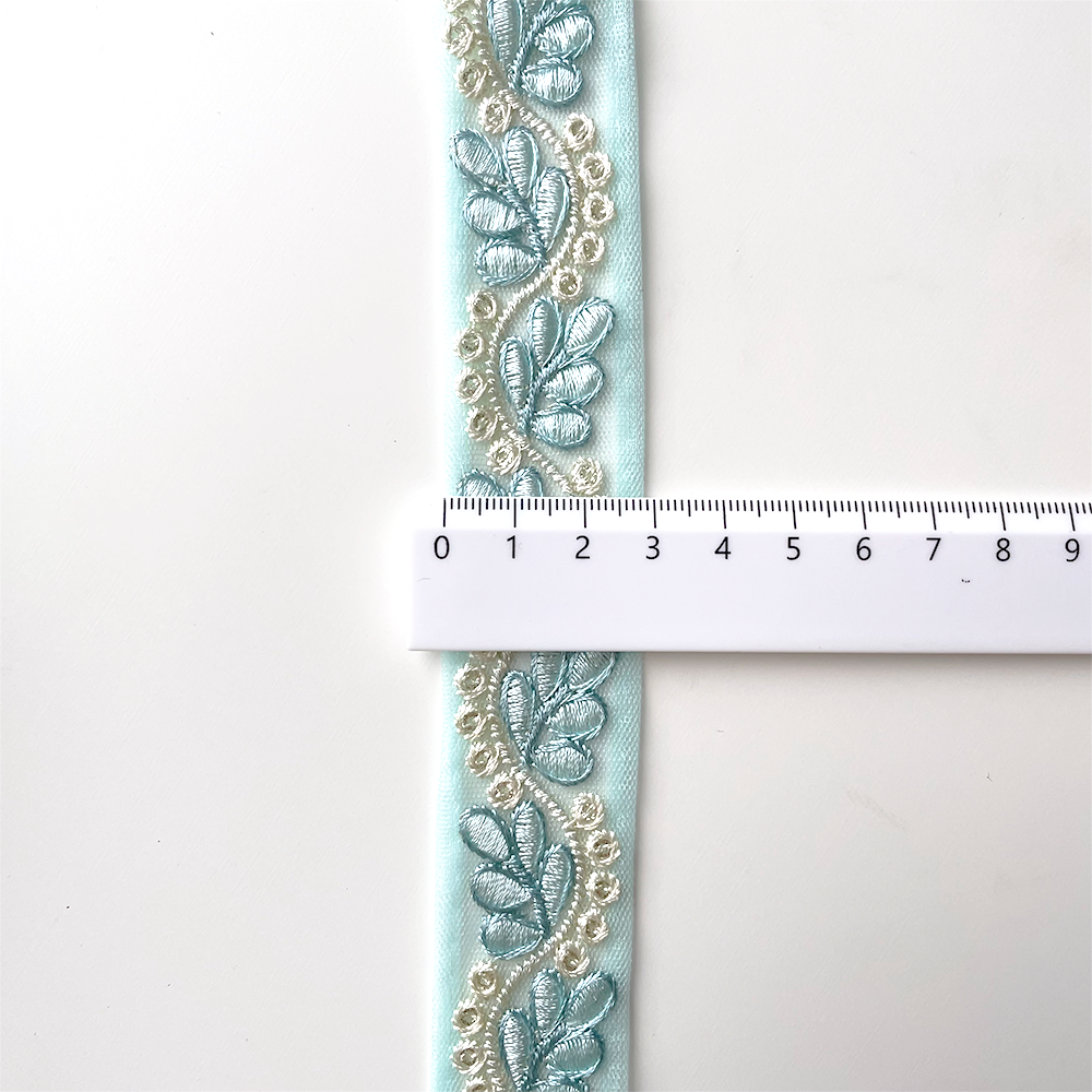 885 【 幅：2.5cm 】 インド刺繍リボン　スノーブルー　チュール　