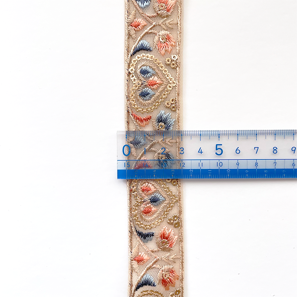 890 【 幅：3cm 】 インド刺繍リボン　ベージュ　チュール　ブルー　ピンク