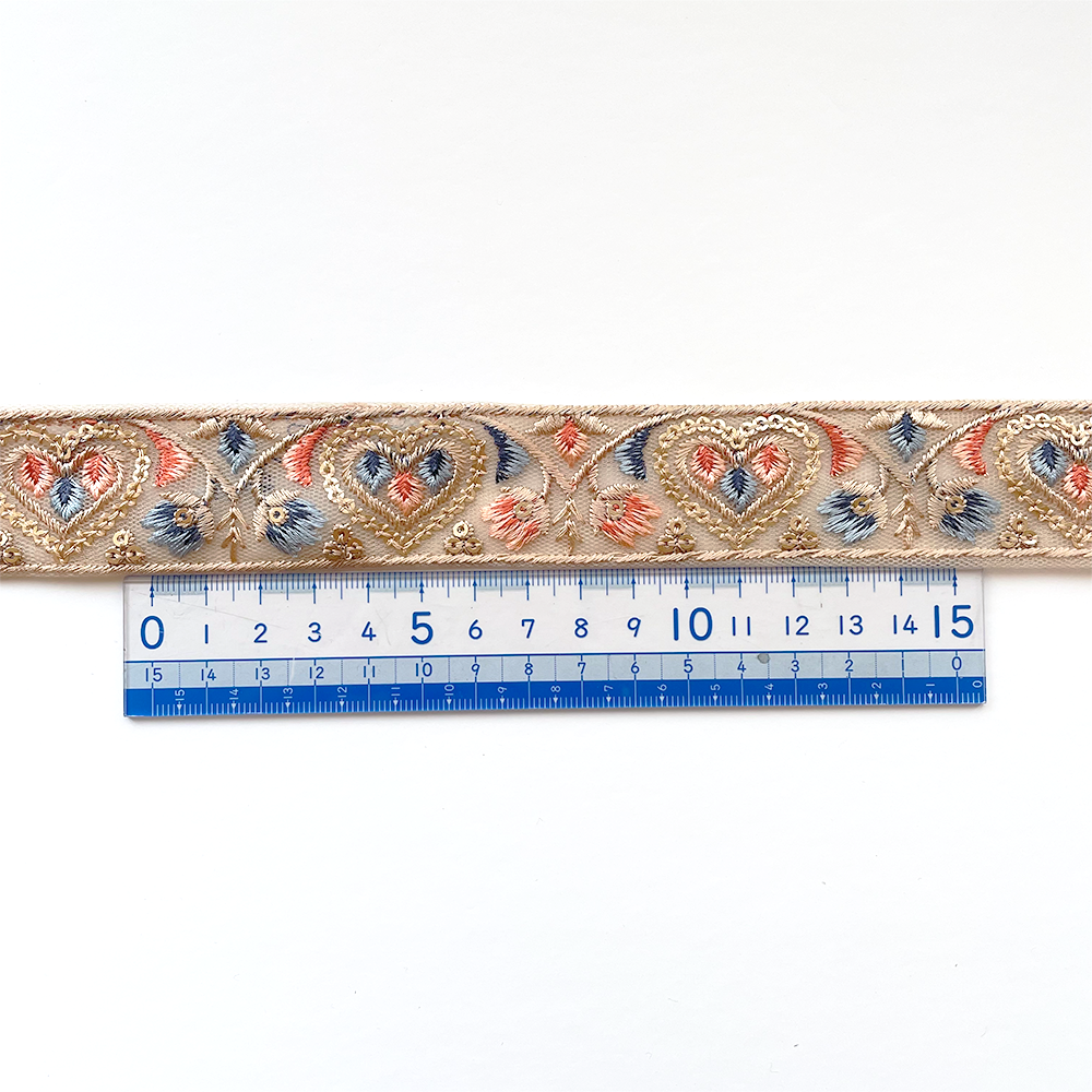890 【 幅：3cm 】 インド刺繍リボン　ベージュ　チュール　ブルー　ピンク