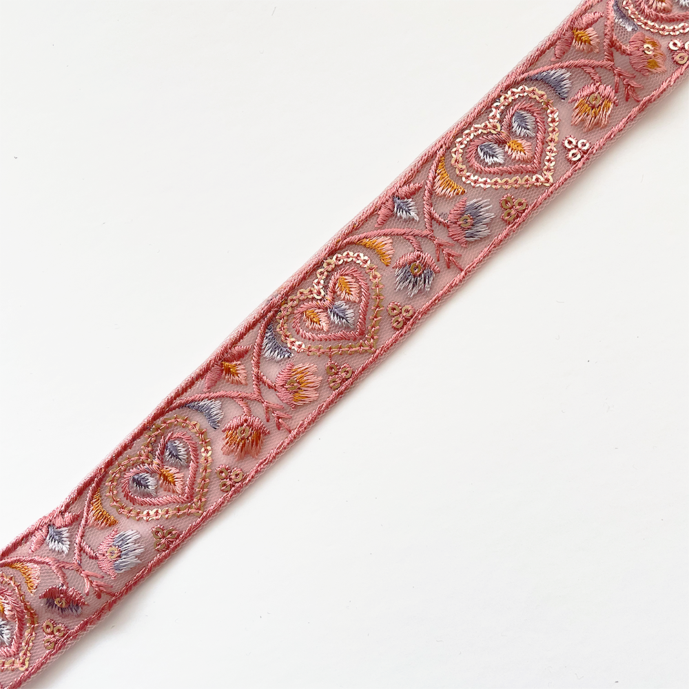 891 【 幅：3cm 】 インド刺繍リボン　ピンク　チュール　ブルー
