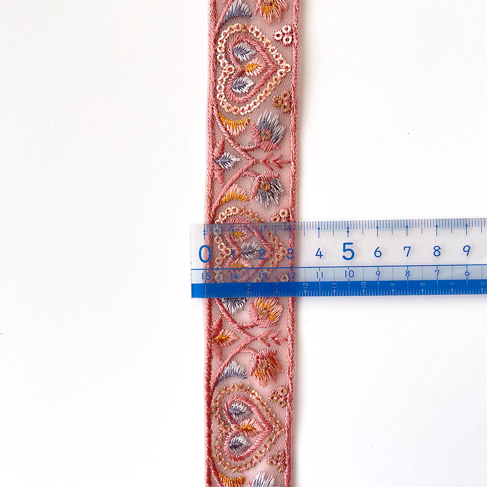 891 【 幅：3cm 】 インド刺繍リボン　ピンク　チュール　ブルー