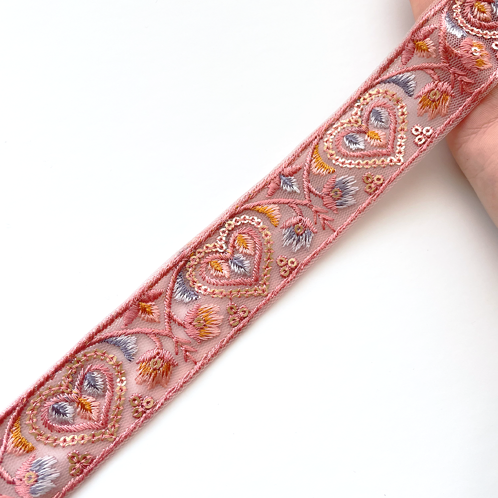 891 【 幅：3cm 】 インド刺繍リボン　ピンク　チュール　ブルー