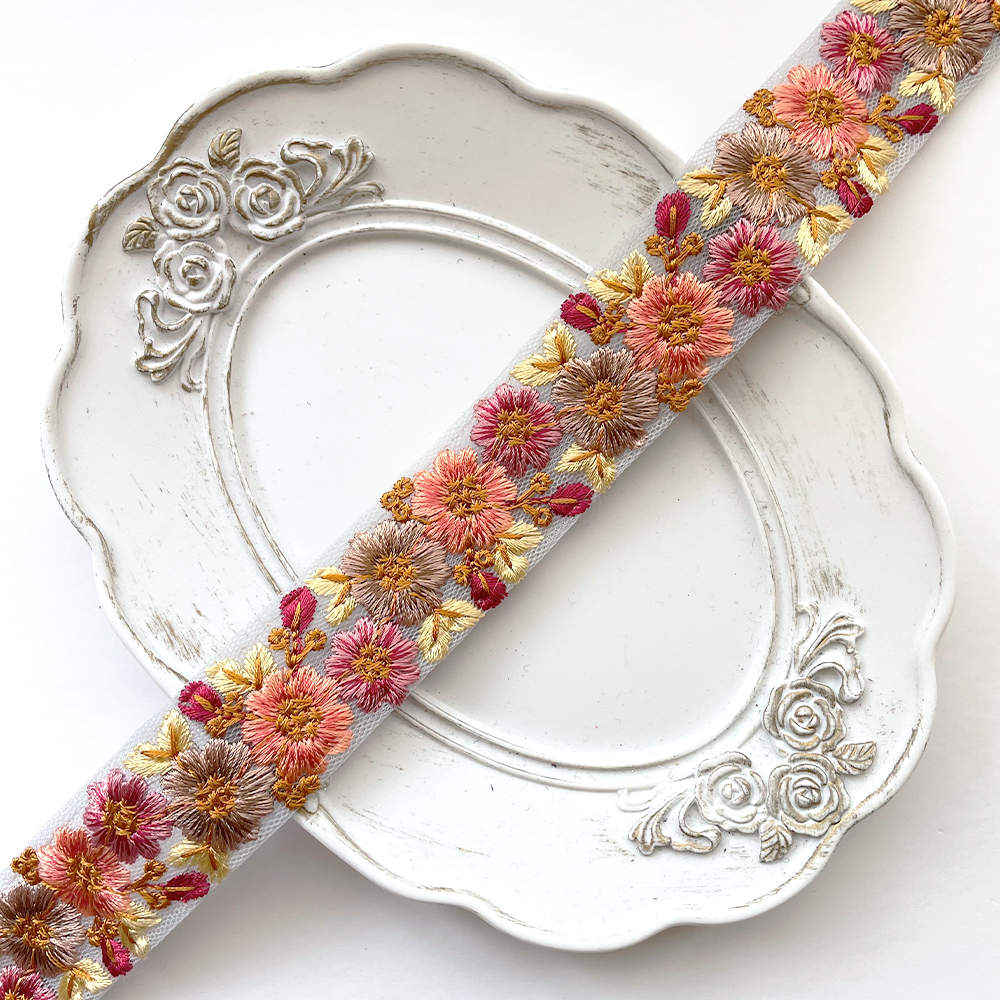 896 【 幅：3cm 】 インド刺繍リボン　ブルー　チュール　サーモン　ブラウン　イエロー