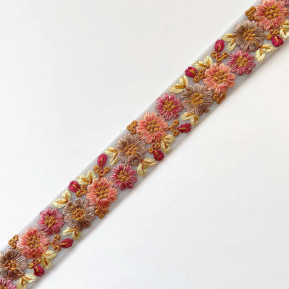 896 【 幅：3cm 】 インド刺繍リボン　ブルー　チュール　サーモン　ブラウン　イエロー