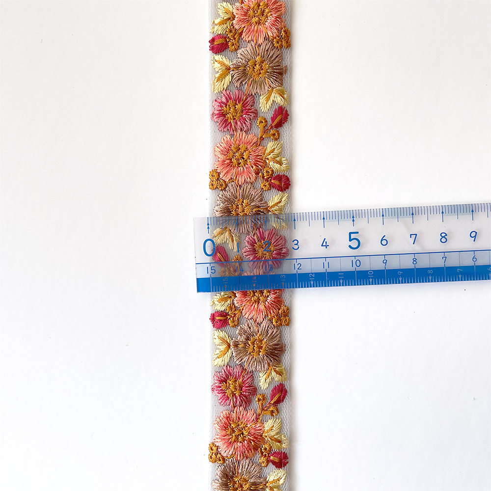896 【 幅：3cm 】 インド刺繍リボン　ブルー　チュール　サーモン　ブラウン　イエロー