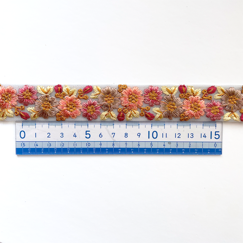 896 【 幅：3cm 】 インド刺繍リボン　ブルー　チュール　サーモン　ブラウン　イエロー