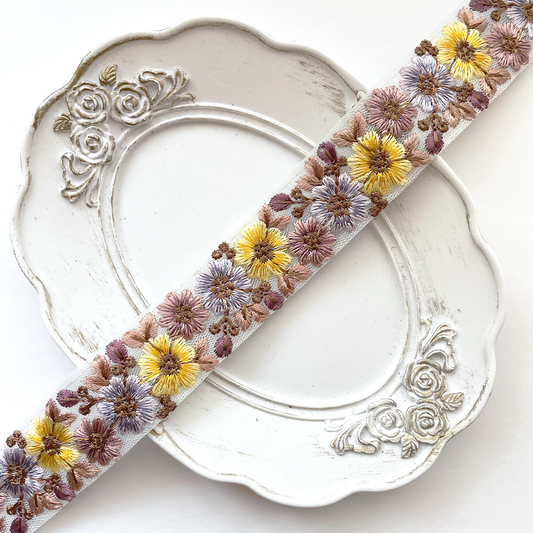 897 【 幅：3cm 】 インド刺繍リボン　ベビーブルー　チュール　イエロー　パープル　くすみピンク