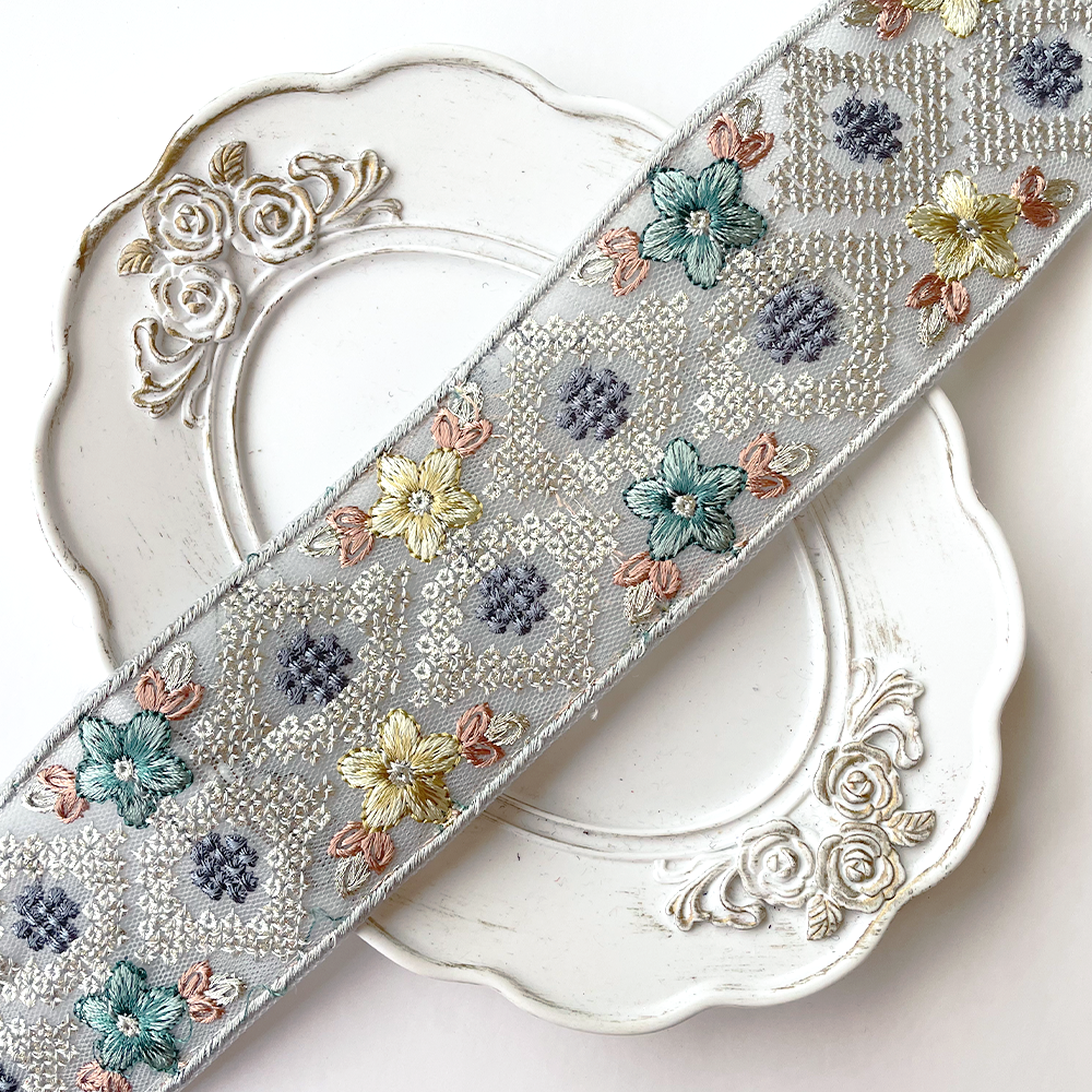 900 【 幅：5.5cm 】 インド刺繍リボン　ブルー　チュール　イエロー　ブラウン　ターコイズ
