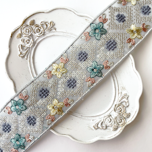 900 【 幅：5.5cm 】 インド刺繍リボン　ブルー　チュール　イエロー　ブラウン　ターコイズ