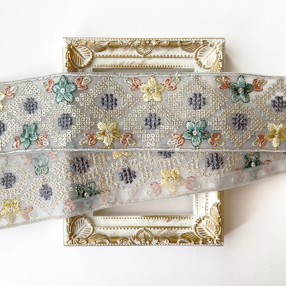900 【 幅：5.5cm 】 インド刺繍リボン　ブルー　チュール　イエロー　ブラウン　ターコイズ