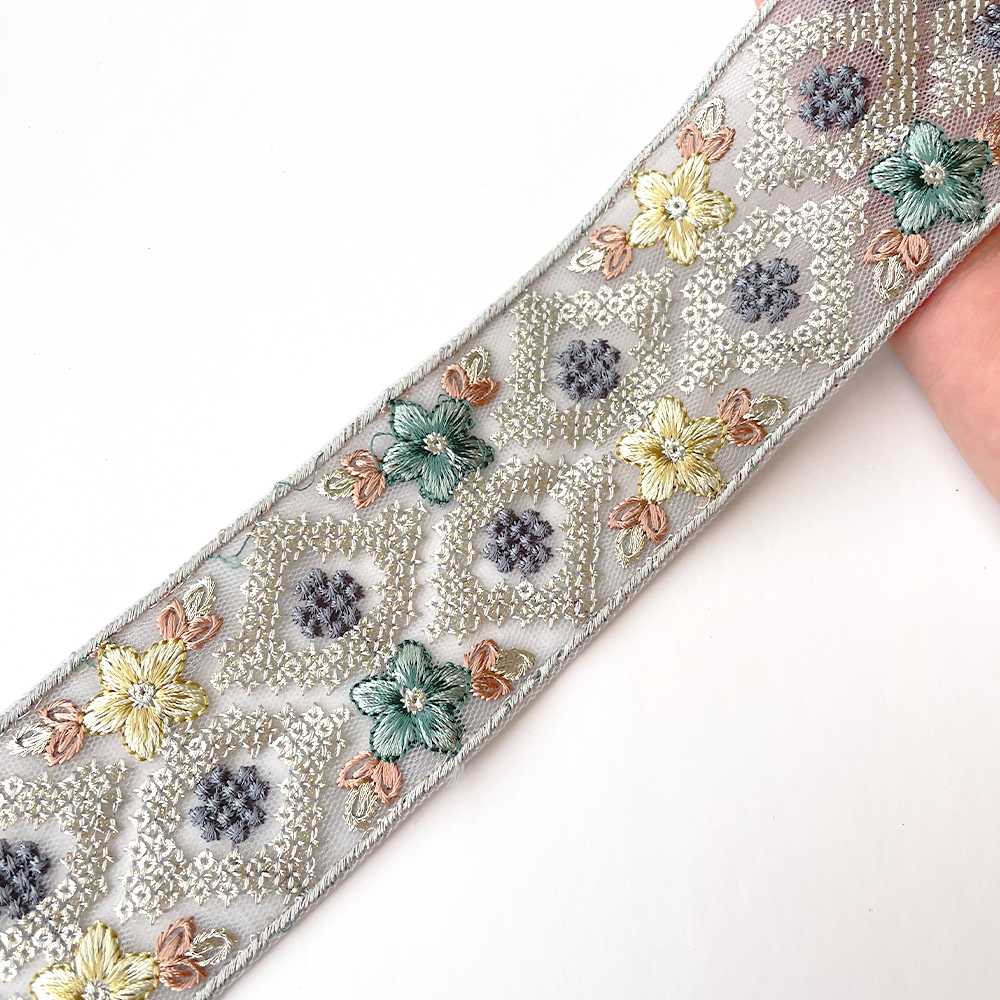 900 【 幅：5.5cm 】 インド刺繍リボン　ブルー　チュール　イエロー　ブラウン　ターコイズ