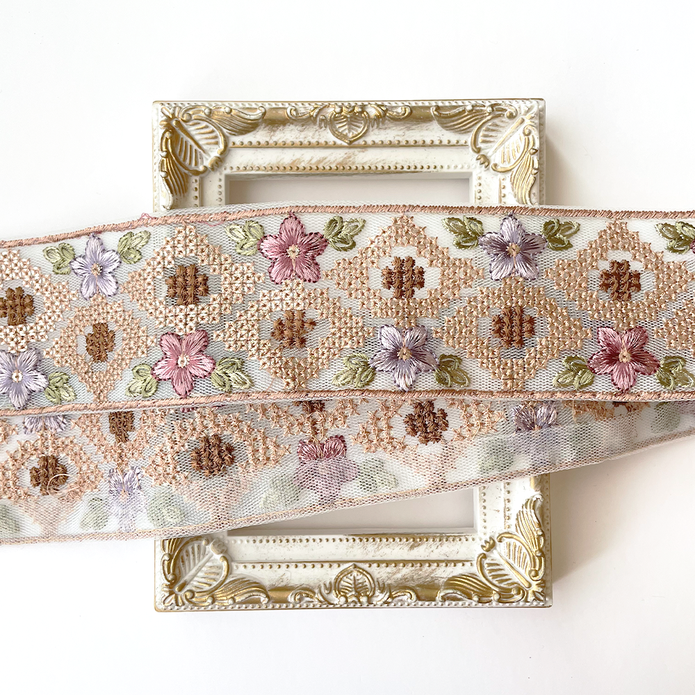 901 【 幅：5.5cm 】 インド刺繍リボン　ベビーブルー　チュール　パープル　グリーン　ピンク