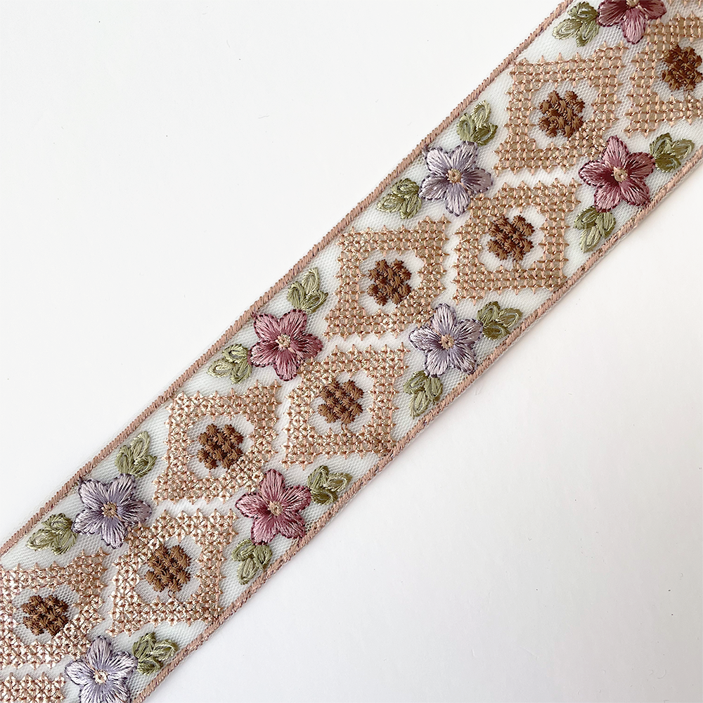 901 【 幅：5.5cm 】 インド刺繍リボン　ベビーブルー　チュール　パープル　グリーン　ピンク