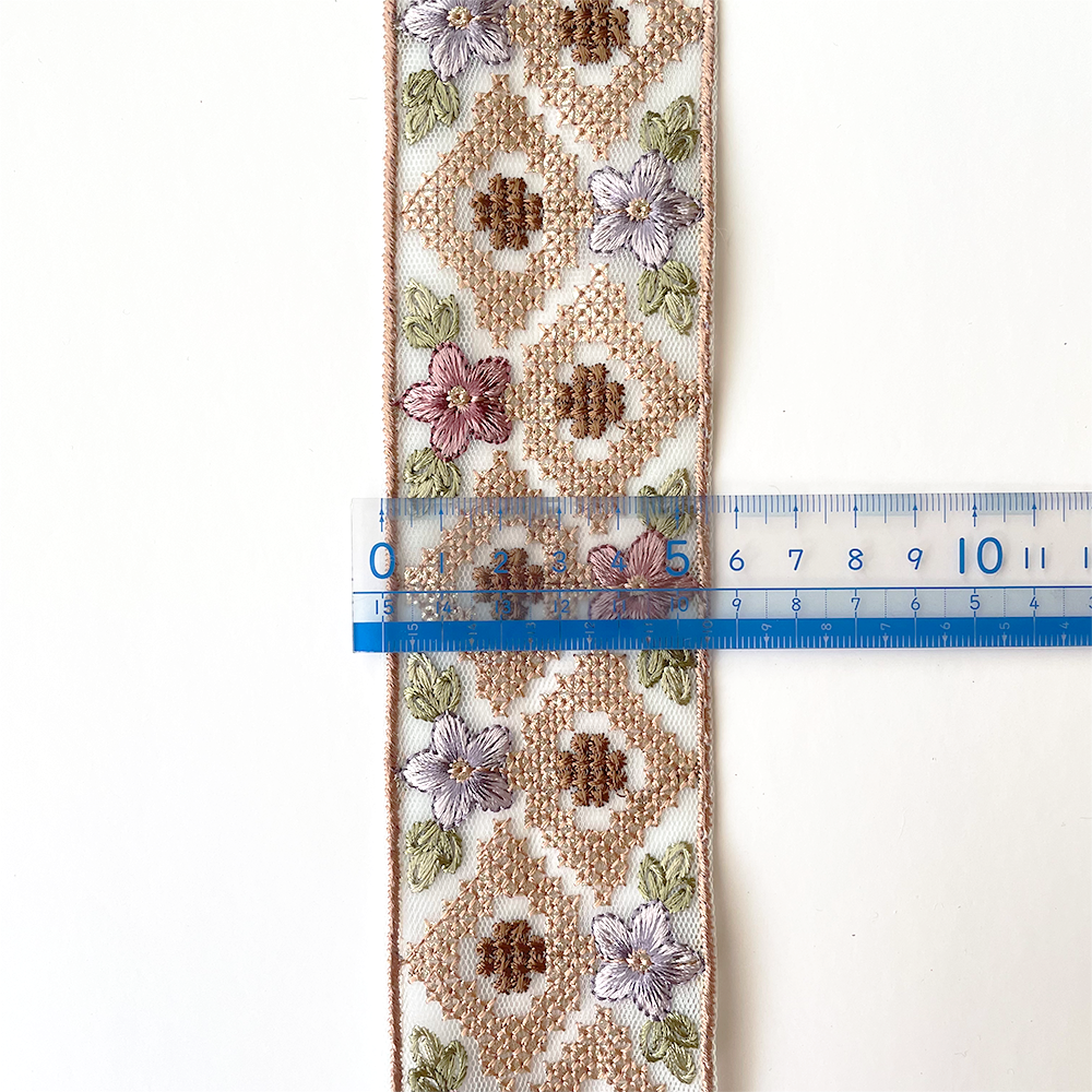 901 【 幅：5.5cm 】 インド刺繍リボン　ベビーブルー　チュール　パープル　グリーン　ピンク