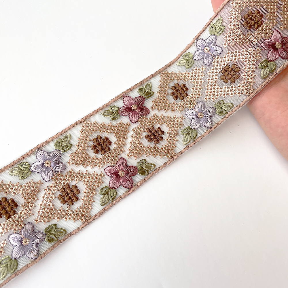 901 【 幅：5.5cm 】 インド刺繍リボン　ベビーブルー　チュール　パープル　グリーン　ピンク