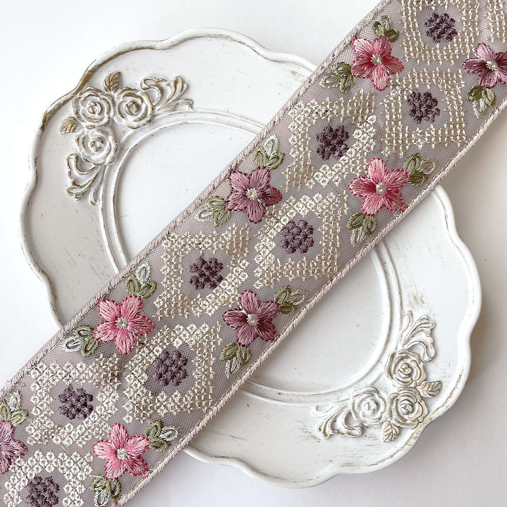 902 【 幅：5.5cm 】 インド刺繍リボン　パープル　チュール　グリーン　ピンク