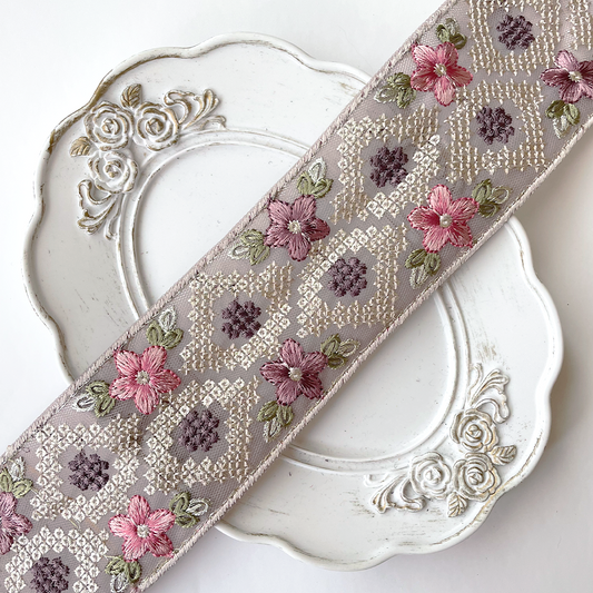 902 【 幅：5.5cm 】 インド刺繍リボン　パープル　チュール　グリーン　ピンク