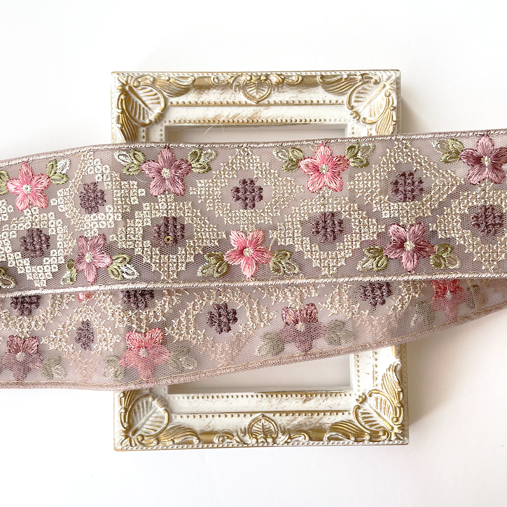 902 【 幅：5.5cm 】 インド刺繍リボン　パープル　チュール　グリーン　ピンク