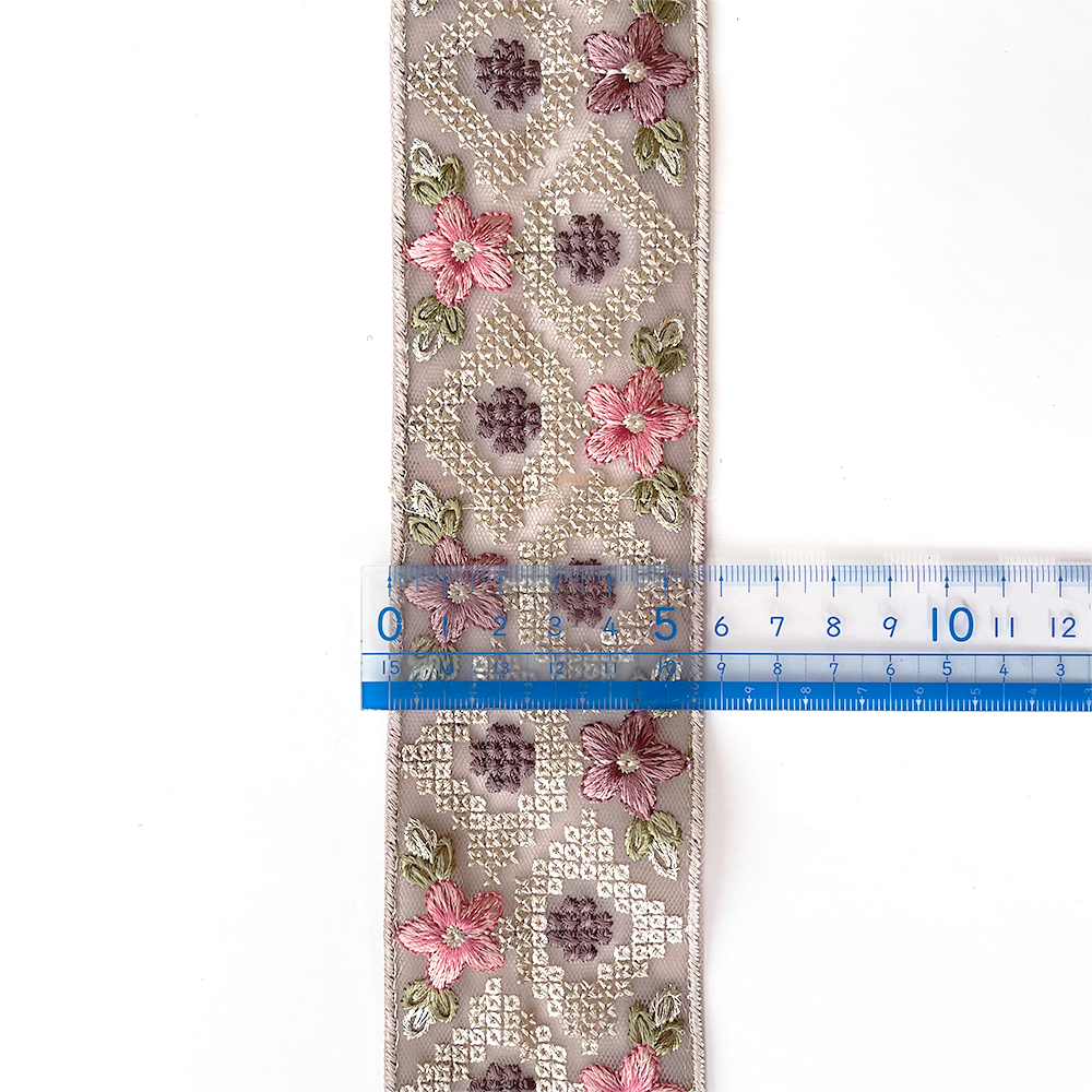 902 【 幅：5.5cm 】 インド刺繍リボン　パープル　チュール　グリーン　ピンク