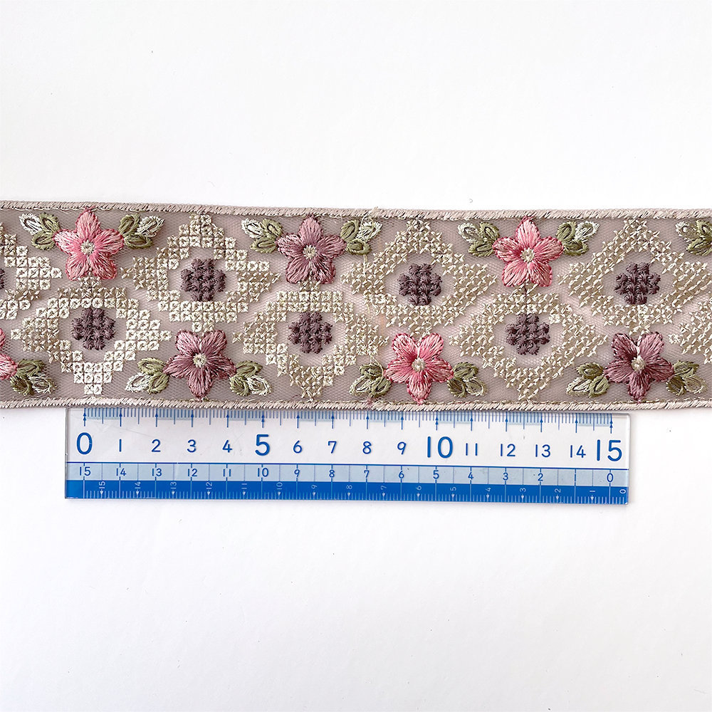 902 【 幅：5.5cm 】 インド刺繍リボン　パープル　チュール　グリーン　ピンク