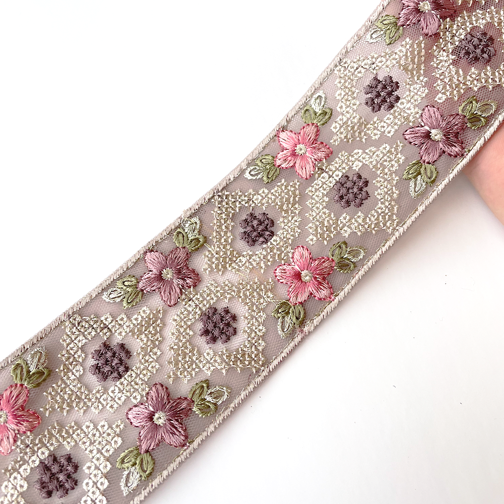 902 【 幅：5.5cm 】 インド刺繍リボン　パープル　チュール　グリーン　ピンク