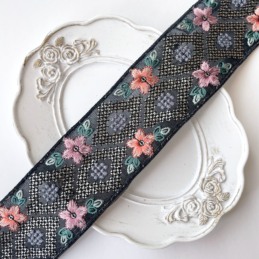 904 【 幅：5.5cm 】 インド刺繍リボン　ブラック　チュール　サーモン　パープル　グリーン