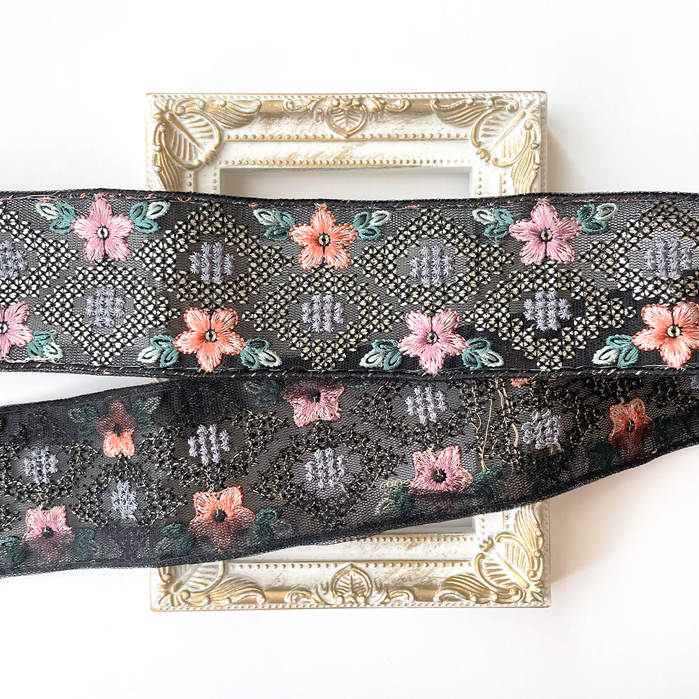 904 【 幅：5.5cm 】 インド刺繍リボン　ブラック　チュール　サーモン　パープル　グリーン