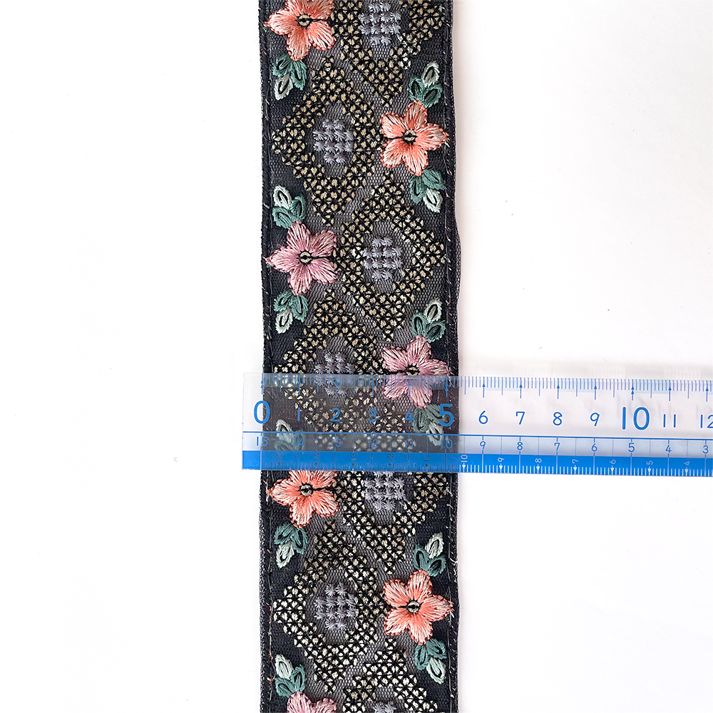 904 【 幅：5.5cm 】 インド刺繍リボン　ブラック　チュール　サーモン　パープル　グリーン