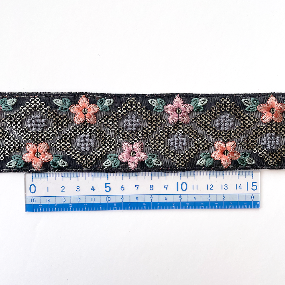 904 【 幅：5.5cm 】 インド刺繍リボン　ブラック　チュール　サーモン　パープル　グリーン
